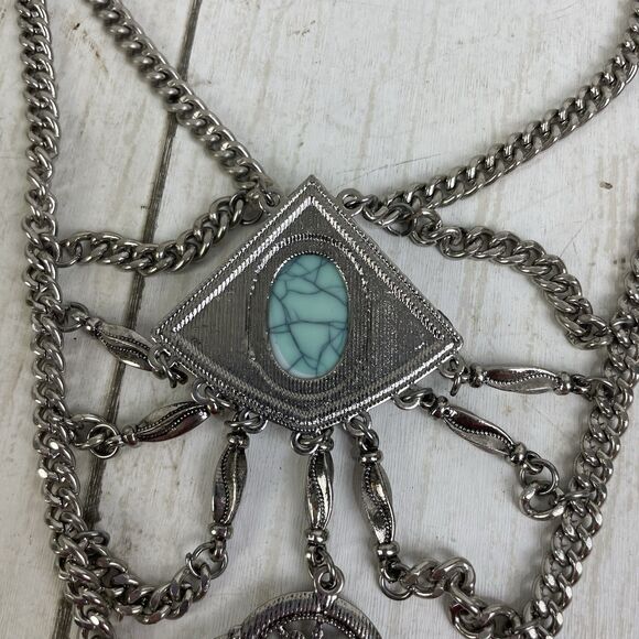 Bohemian Silver Tone Chain Necklace Turquoise & Red Stones Adjustable Length - Picture 8 of 10